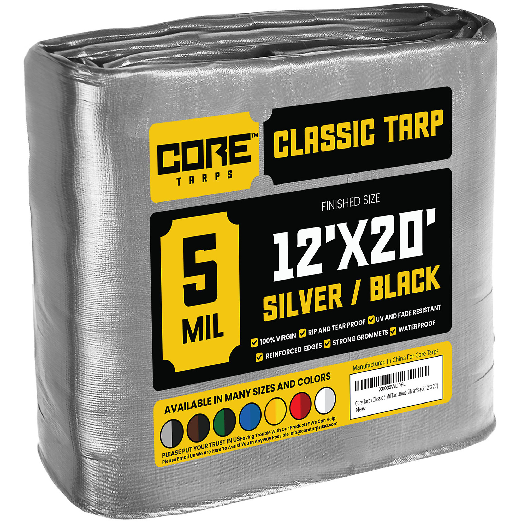 Core Tarps Classic 5 Mil Tarp Cover, Waterproof, UV Resistant, Rip and Tear Proof, Poly Tarpaulin with Reinforced Edges for Roof, Camping, Patio, Pool Cover, Boat (Silver/Black 12' X 20')